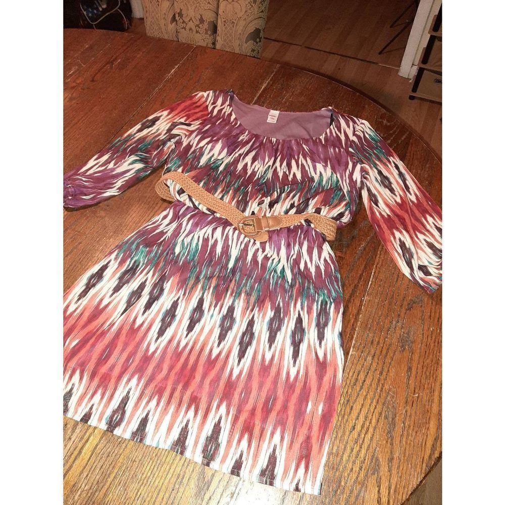 New Juniors Jr Size Medium Bongo Daytime Multi Chevon Rust Teal Belted Dress NWT